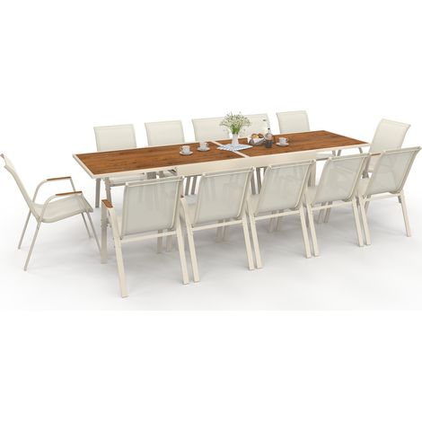 Gartenmöbel NOUMEA ausziehbar Tisch 135/270 cm Platte aus gehärtetem Glas in Holzoptik und 12 stapelbare Stühle in beige und Hol