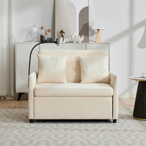 Canapé convertible 1 place tissu lin brossé – Canapé-lit charge USB support tablette mousse 25D+50D ressorts ensachés – Idéale pour salon bureau studio – 109×72×83,5 cm – Beige (1/5)