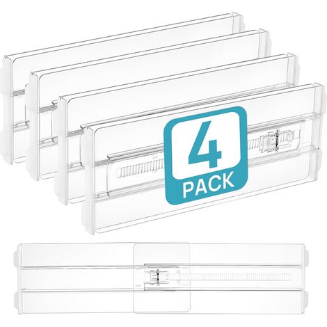 Set di 4 divisori regolabili in plastica trasparente per cassetti (altezza 10 cm, estensibili da 27 a 43 cm) - Organizzatori per armadi e guardaroba (1/5)