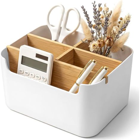 Organisateur de Bureau avec Cloisons Amovibles – Pot à Crayon Multifonction en ABS et Bambou pour Rangement Bureau (1/5)
