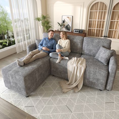 L-Form Ecksofa 3-Sitzer mit langer Liegefläche (144cm), hochwertiger Chenille-Bezug, hoher Sitzkomfort durch Hochdichteschaum, bis 150 kg Tragkraft inklusive 2 Kissen für Wohnung & Studentenwohnheim (1/5)