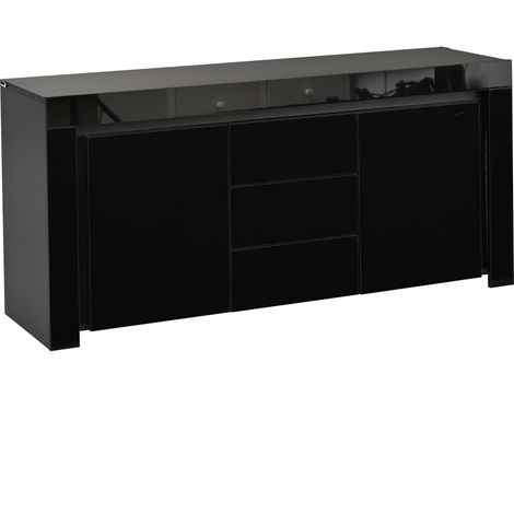 Aparador de salón 140 x 40 x 65 cm en MDF negro brillo con 3 cajones, 2 puertas y tira LED (1/5)