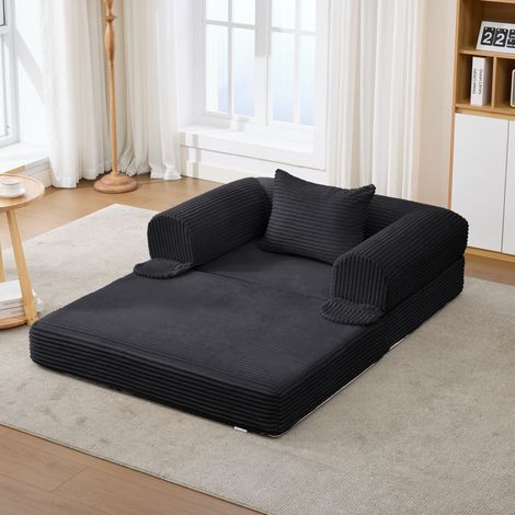Sofá cama convertible 1 plaza de tejido cord negro con cojín, 120 x 85 x 65 cm OKMYHOME (1/5)