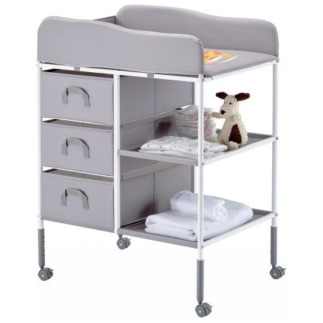 Cambiador Portátil para Bebé, Cambiador Multifuncional de 755 x 510 x (1000-1075) mm Altura Ajustable con 3 Cajones de Tela, Ruedas Bloqueables y Organizador de Almacenamiento, Color Gris (1/5)