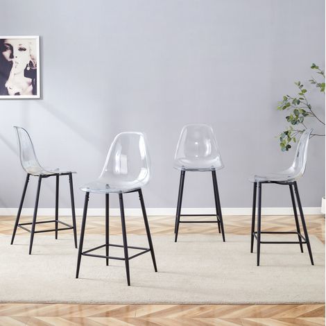 Taburetes de bar transparentes, lote de 4, con respaldo y reposapiés, metal negro DESVIAE (1/5)