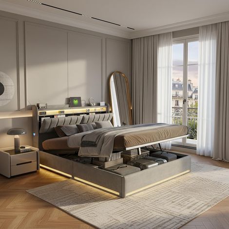 Lit coffre 140x190 cm, tête de lit avec rangement velours gris, LED, ports USB, sommier robuste (1/5)