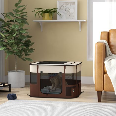 Box per Animali con 6 Finestre, 3 Porte e 2 Borse Portaoggetti, Poliestere e Acciaio, 74x60x45 cm, Marrone