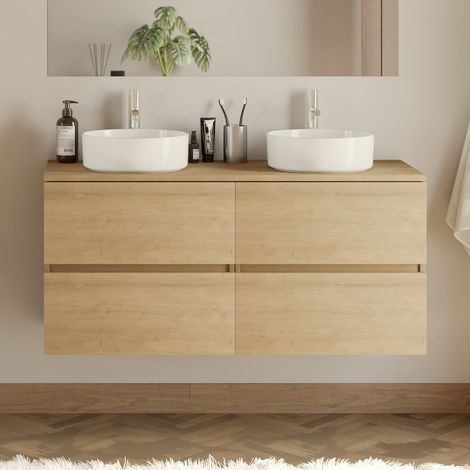 Meuble de salle de bain 120cm avec plateau et 2 vasques à poser rondes - 4 tiroirs - sans miroir - nebraska (chêne clair) - IDA (1/5)