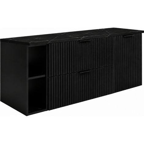 Set di mobili da bagno, 2 cassetti, 1 anta, chiusura ammortizzata, Nero / piano Marmo Black Royal, maniglie nere, 140 x 46 x 57 cm (1/5)