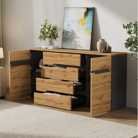 Credenza 160/40/80 cm in nero e legno con 2 ante e 4 cassetti (1/5)