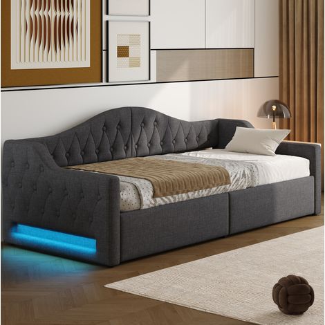 MEUBLIV Letto divano 90x200 cm grigio con LED, contenitore e tessuto capitonné, senza materasso (1/5)