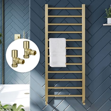 Brushed Brass 1200 x 500mm Heated Bathroom Towel Rail Warmer Ladder Radiator with Angled Manual Valves Pair (1/3)