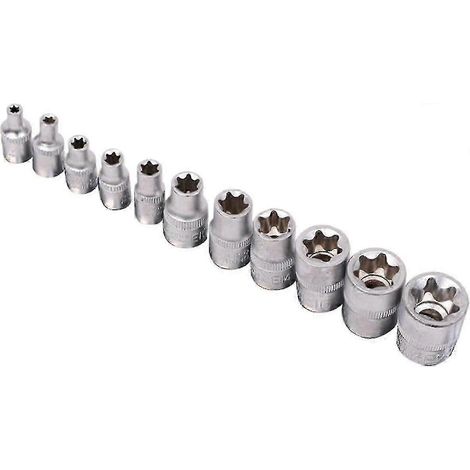 Coffret de 11 douilles Torx E4 à E20 - Intérieur hexagonal - Rail Torx extérieur - 1/4 po, 3/8 po, Édition argentée 0619 (1/5)