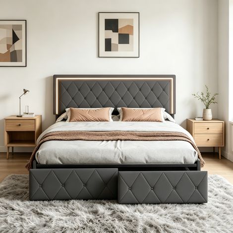 lit double 140x200 cm, lit 160 x 200 avec sommier, avec LED et 4 tiroirs, Lit Capitonné, cadre de lit, Chambre moderne, PU, Noir (1/5)
