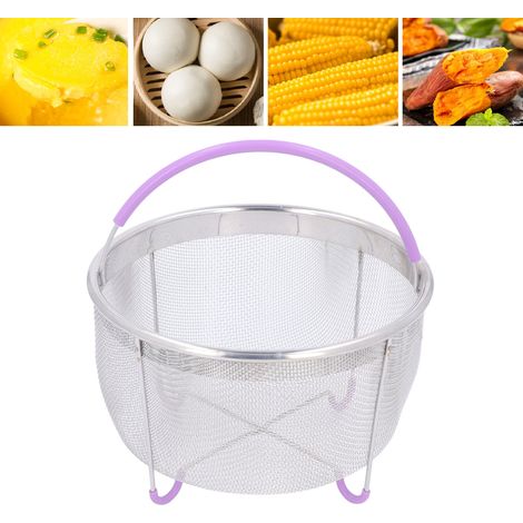 Cestello per cottura a vapore in rete di acciaio inox, compatibile con pentole a pressione e padelle da 6 litri, con manico viola. (1/4)
