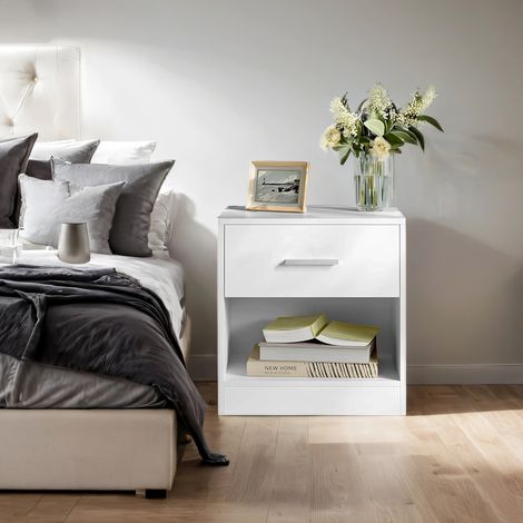 Table de chevet, Table d'Appoint, avec Tiroir, Poignée, Compartiment Ouvert, pour Chambre, Salon, Blanc Classique (1/5)