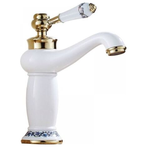 Robinet de lavabo de salle de bain en laiton et céramique antique Robinet mitigeur en porcelaine bleue et blanche Robinet d'évier de cuisine Robinet d'eau froide/chaude (sans tuyau d'eau) (1/5)