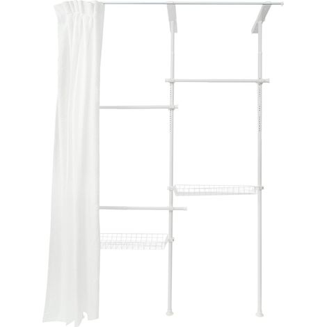 Armoire ouverte en acier au carbone blanc - Porte-manteau réglable avec rideau et 3 tringles horizontales et 2 paniers en maille - Pour salon, balcon, dressing (1/5)