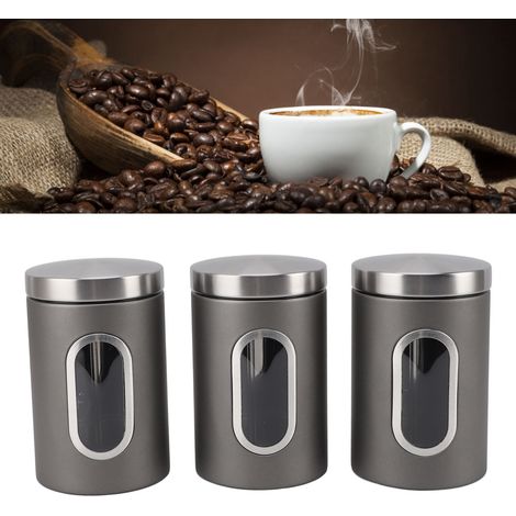 Set aus 3 Aufbewahrungsboxen aus Edelstahl mit Sichtfenster, ideal zur Aufbewahrung von Müsli und Kaffeebohnen, silbergrau sandgestrahlte Oberfläche. (1/5)