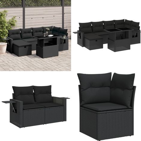 Salon de jardin 7 pcs avec coussins noir résine tressée - Ensemble Salon De Jardin - Mobilier De Jardin - Table Extensible - Chaise Pliante - Fauteuil Extérieur - Home & Living (1/5)