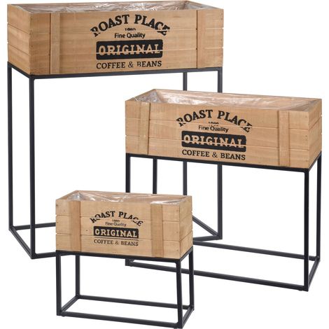 Spetebo – Lot de 3 jardinières en bois et métal – Dimensions 60/44/29 cm – Pour plantation directe – Jardinières rustiques modernes