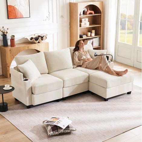 Sofá esquinero convertible 213.5x139x87 cm beige en pana con reposapiés, USB, portabebidas y 2 cojines (1/5)