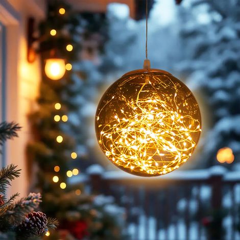 Weihnachtskugel bronze zum Hängen für Außen mit 80 LED und Timer - 20 cm - Kunststoff Dekokugel warm weiß beleuchtet mit Netzstecker