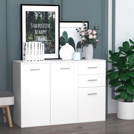 Meuble de cuisine à 2 portes, buffet moderne pour salon avec 2 tiroirs, étagère réglable, 106 x 35 x 76 cm, blanc brillant