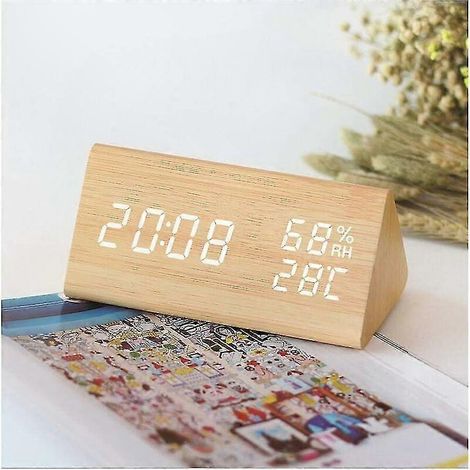 Digitaler Wecker aus Holz mit Dreifachalarm, USB-Anschluss, LED-Uhr mit Anzeige von Uhrzeit, Temperatur und Luftfeuchtigkeit, 12-/24-Stunden-Format (1/5)