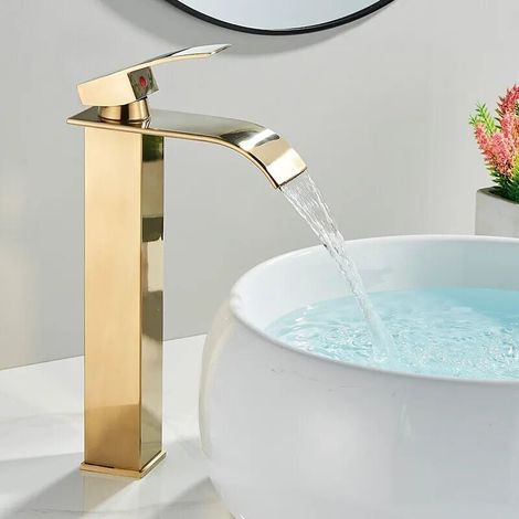 Goldfarbener Wasserfall-Waschbeckenhahn, Wasserfall-Badezimmermischbatterie mit höhenverstellbarem Auslauf, Heiß- und Kaltwasser-Wasserfall-Waschbeckenmischbatterie, Badezimmerarmatur aus Edelstahl (1/5)