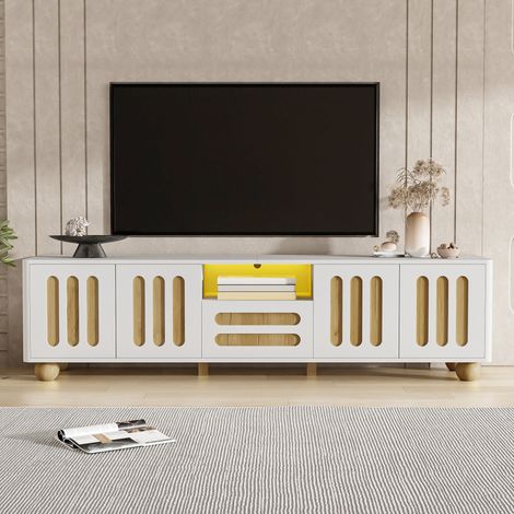 Mobile TV moderno 180x40x47 cm con 4 ante, 1 cassetto e illuminazione LED, angoli arrotondati, gambe sferiche, contenitore, bianco e effetto legno - Bianco (1/5)