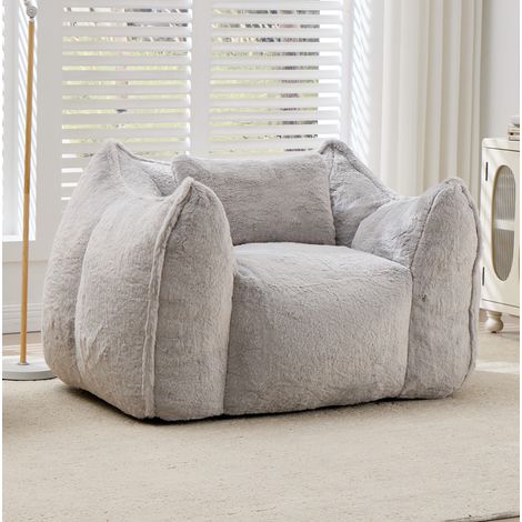 Pouf fauteuil géant avec coussin, canapé de sol en fausse fourrure 123x97x73 cm gris REDOM (1/5)