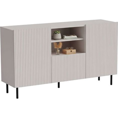 Credenza Malo, Madia da salotto con due ante battenti, un cassetto e due vani aperti, Design con effetto cannettato, 150x42 h82 cm, Beige