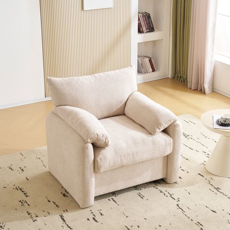 Fauteuil Large 1 Place avec Coussin Accoudoirs Confort, Assise Ergonomique, Cadre Bois et Métal, Tissu en Chenille, Beige