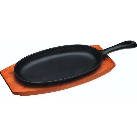 KitchenCraft World of Flavours Sizzle Platter, sartén de hierro fundido y soporte de madera, plato caliente con mango, sartén de 34,5 x 13 x 2,5 cm y soporte de 28 x 14,5 x 1,5 cm, 1 juego