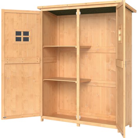 Armoire à outils de jardin en bois naturel avec double porte et étagères, 127,5 x 50 x 164 cm (1/5)