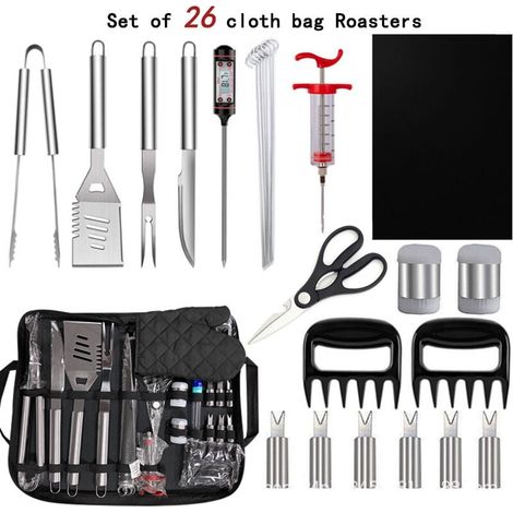 Kit de herramientas para barbacoa de acero inoxidable de 26 piezas con bolsa de almacenamiento, juego portátil para barbacoa al aire libre, regalo ideal para hombres (1/4)