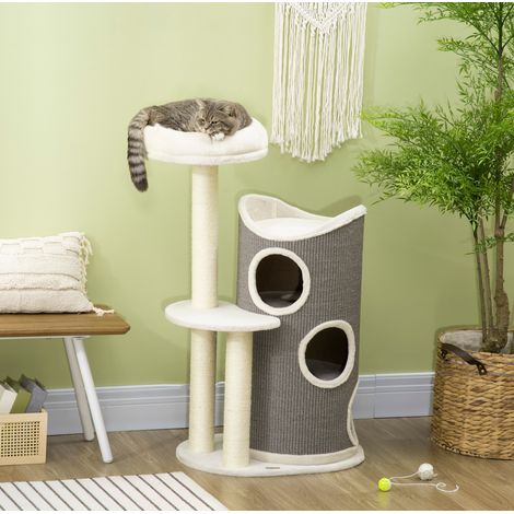 Árbol rascador para gatos de 109 cm de madera Blanco gris con caseta FloraGrace (1/5)