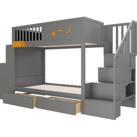 Cama alta infantil 90 x 200 cm con escritorio, cajones y escalera segura gris (1/5)
