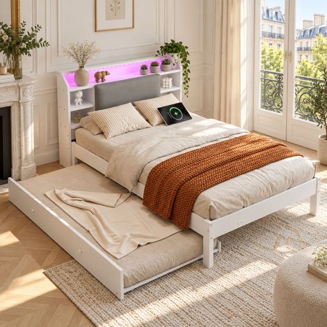 Lit gigogne 120x200 cm en bois blanc avec couchage 90x190, LED, station de charge, tête de lit avec rangement, sommier inclus, sans matelas (1/5)