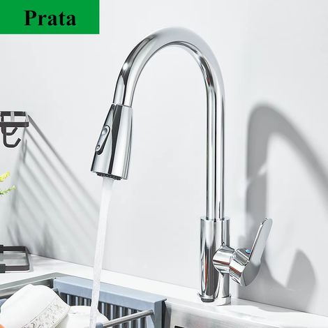 Robinet de cuisine avec douchette extractible, mitigeur eau chaude/eau froide à poser, robinet de cuisine à douchette extractible (argenté) (1/5)