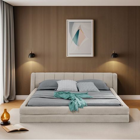 Lit - KOMHTOM - 140x200 Chenille Beige - Tête de lit confortable - Cadre bois massif & métal - Sommier à lattes inclus (1/5)