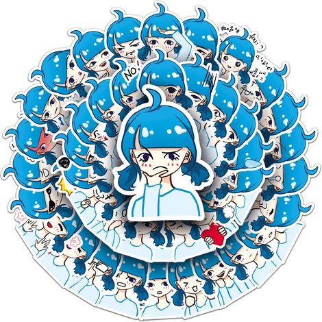 50 autocollants émoticônes décoratifs bleus, autocollants imperméables pour tableau d'ordinateur, design Original Blue Girl (1/5)