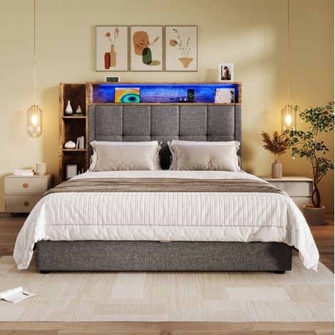 Letto contenitore 90x200 con LED USB in lino grigio OKMYHOME (1/5)