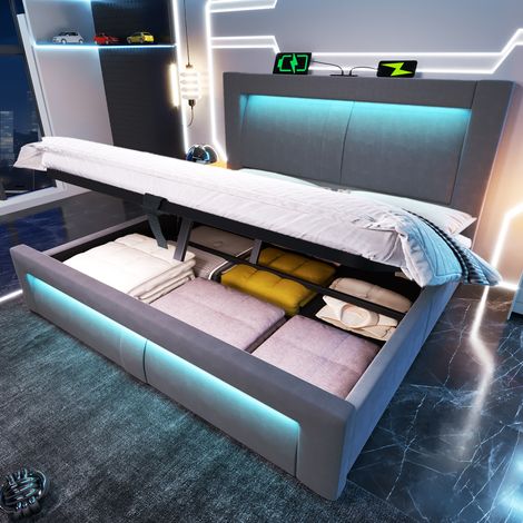 REDOM Cama con almacenaje 160x200 cm con LED, puertos USB y Type C, cabecero curvo de terciopelo gris (Sin colchón)