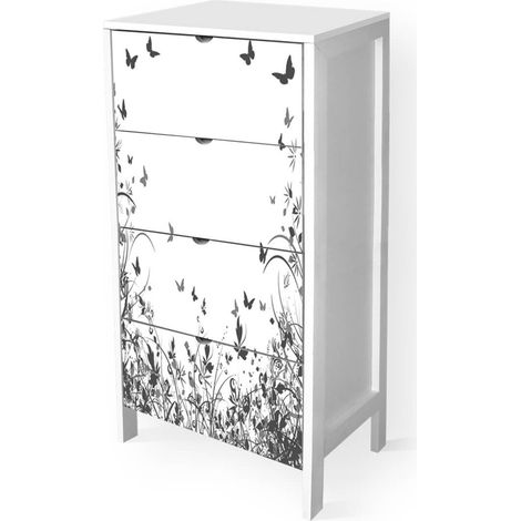 Lupia - Cassettiera Mobile Italy, Stile Minimal in Legno, 4 Cassetti, Stampa MODERN BUTTERFLY BLACK, Adatta a Ogni Stanza, 39x29xH78 cm, organizer Colore Bianco decorato (1/2)