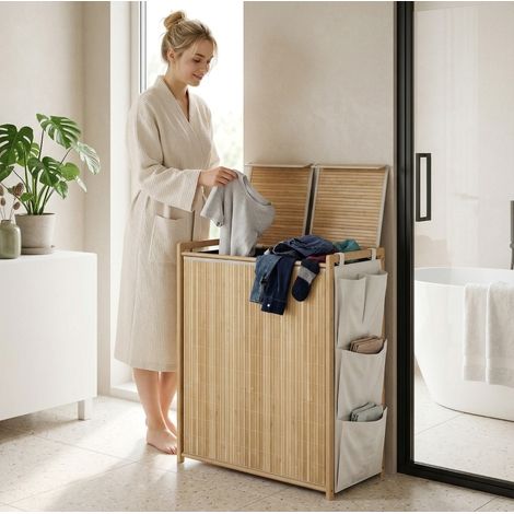 Panier à linge en bambou avec couvercle, sacs amovibles à cordon et poches latérales, 120 L, naturel (1/5)