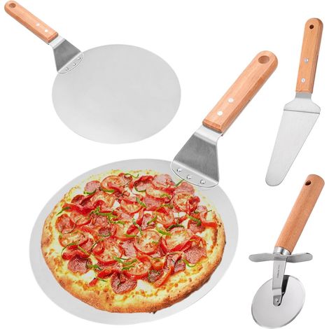 Poussoir en acier inoxydable de qualité alimentaire avec poignée en bois de 14 cm - Pelle à pizza avec roulette à pizza et coupe-gâteau - Accessoires à pizza (1/5)