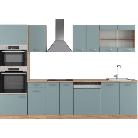Cucina componibile R-Line, Rovere blu-grigio/oro, 300 cm con armadio alto, PL Rovere, Vicco