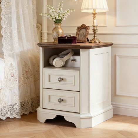 Table de chevet bois Style Farmhouse 18" avec Station de Charge, Meuble d'Appoint à 2 Tiroirs pour Chambre & Salon - Panneau de Particules Blanc Antique (1/5)